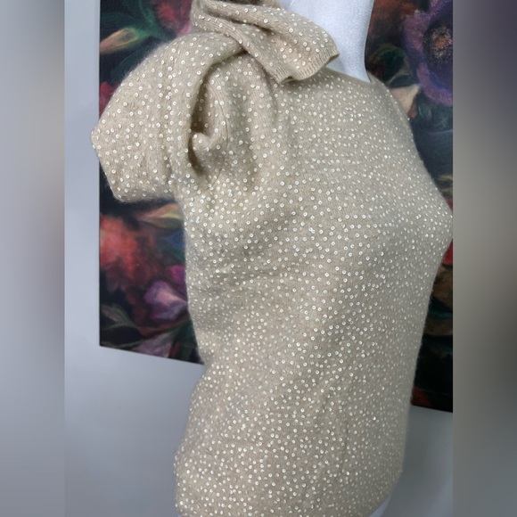 Vertical Design 2 ply cashmere Full Sequined Crewneck sweater Sz M Tan Holiday - Picture 6 of 10